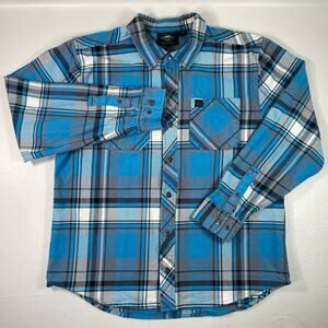 Harley Davidson Mens Large Blue Plaid Button Snap Heavyweight Flannel Shirt